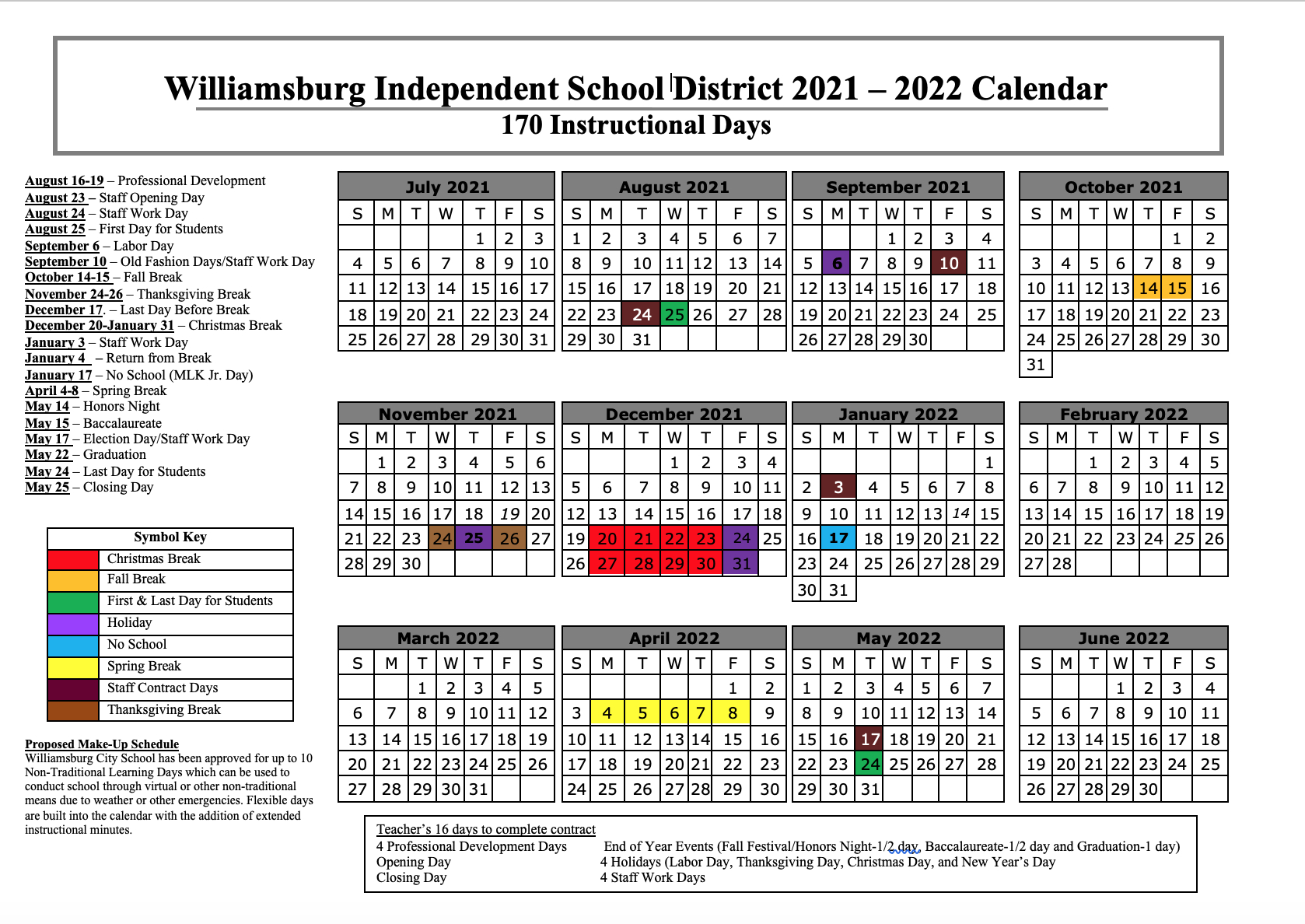 Williamsburg Independent Schools Calendar 2021 And 2022