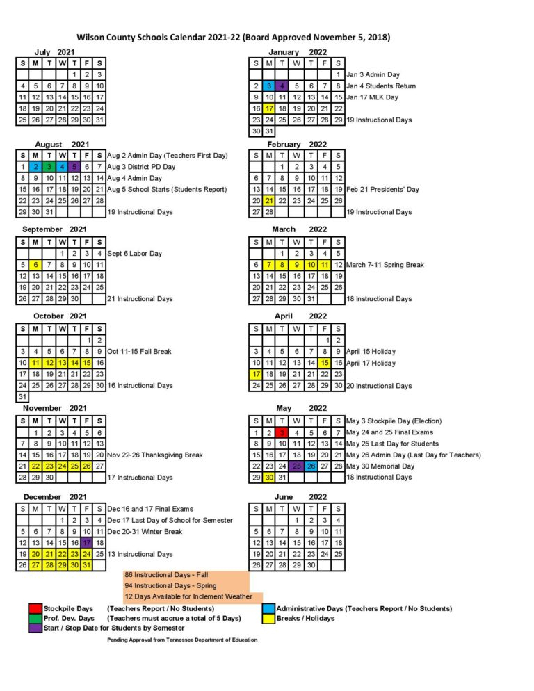 Wilson County Schools Calendar 2021-2022 In Pdf