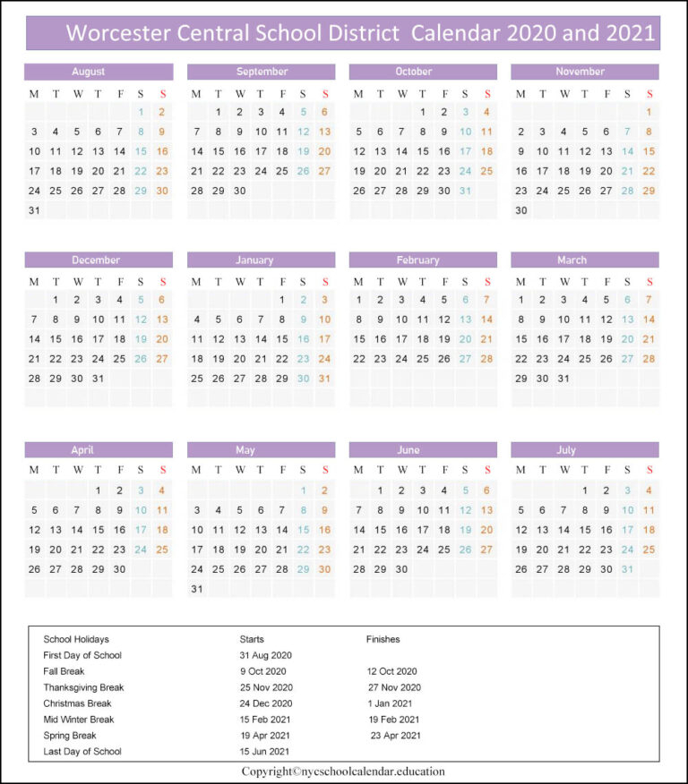 Worcester Central School District Calendar 2021-2022