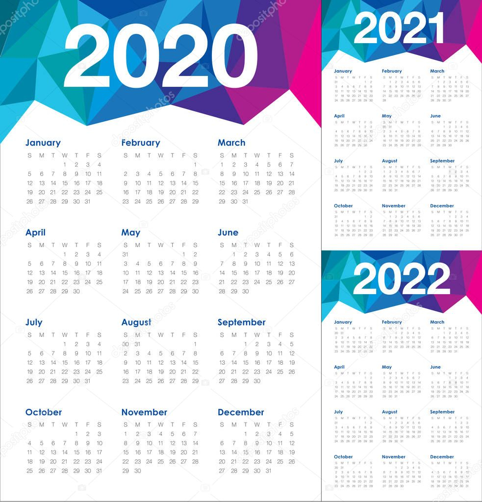 Year 2020 2021 2022 Calendar Vector Design Template