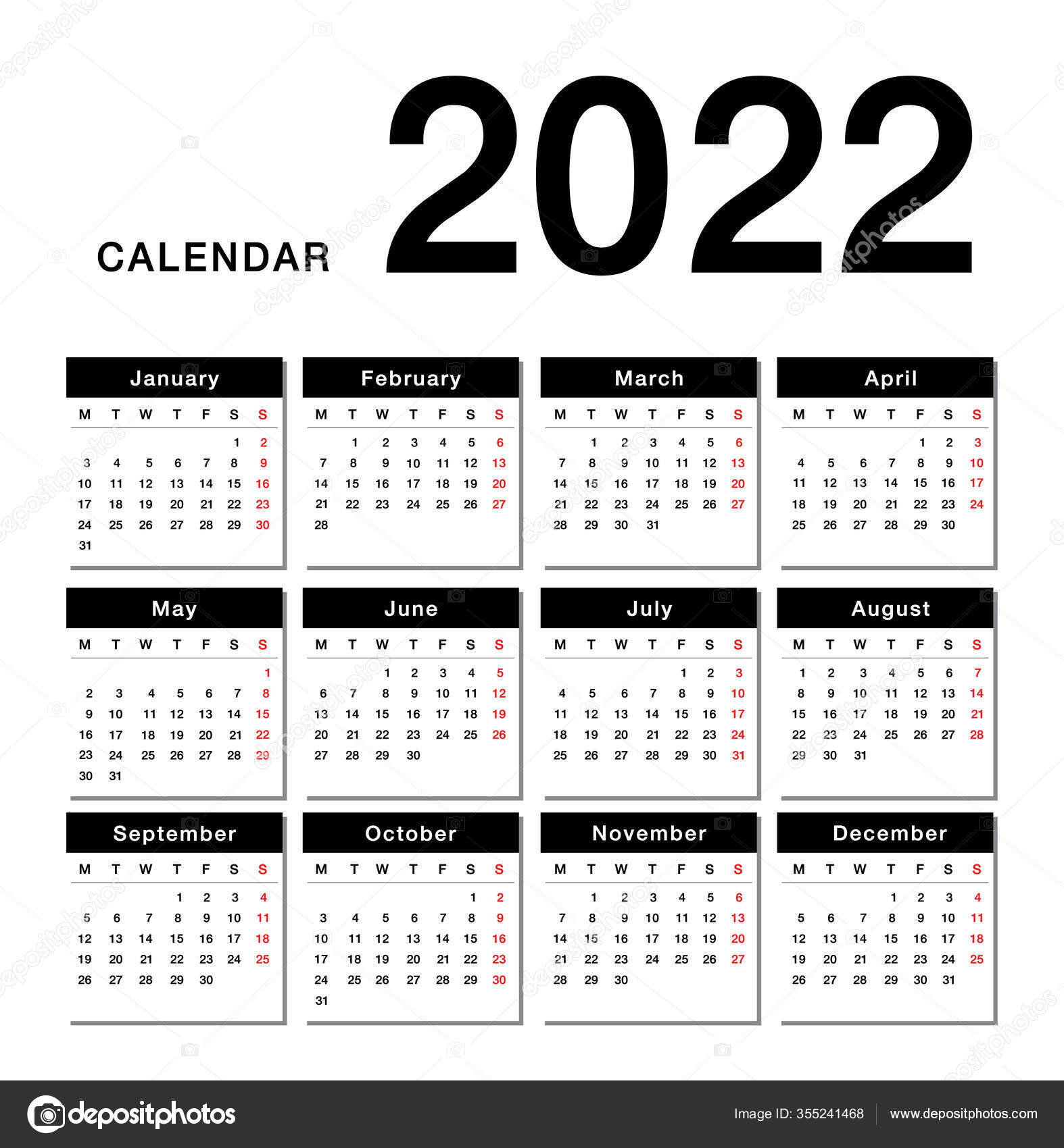 Year 2022 Calendar Horizontal Vector Design Template