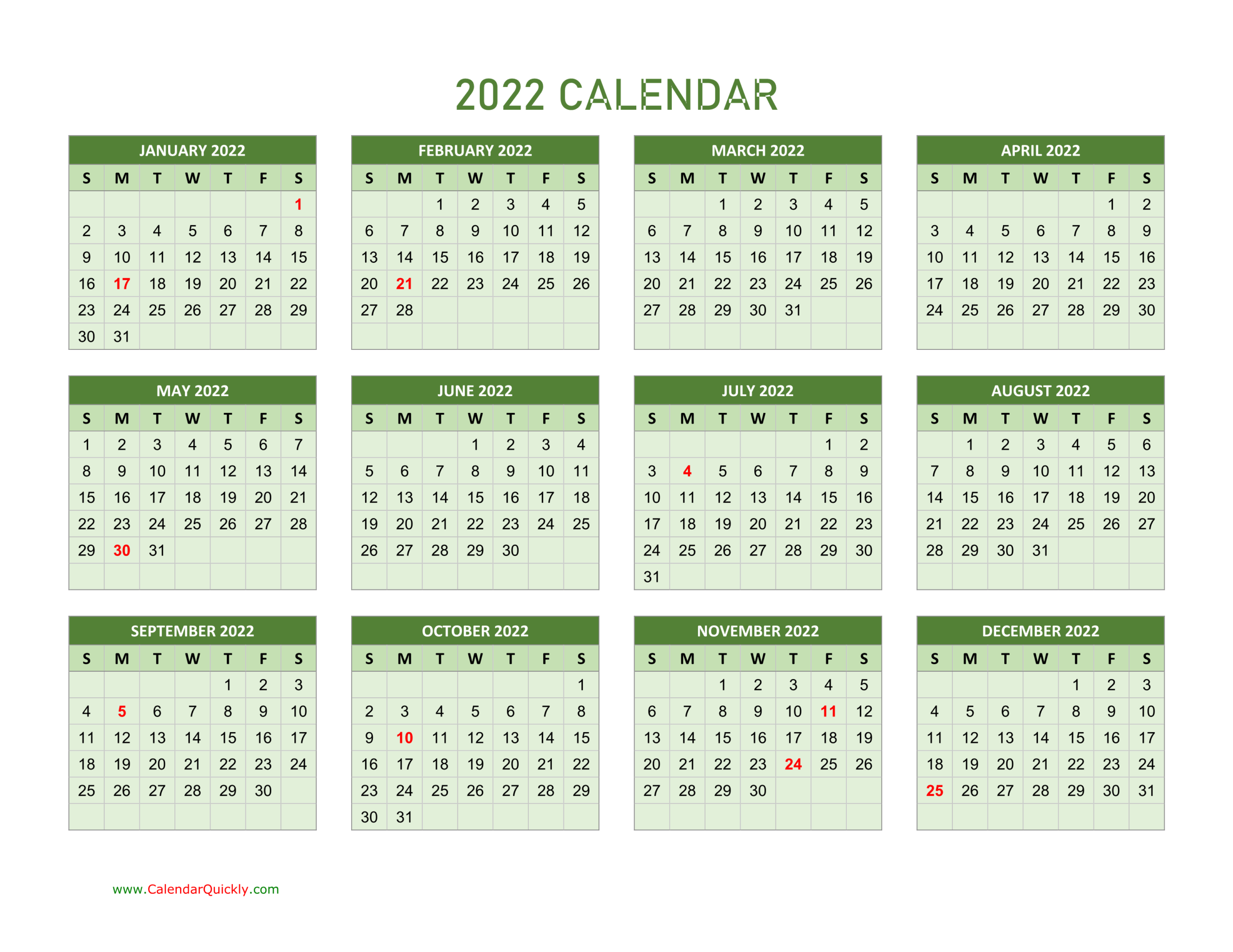 Yearly Calendar 2022 | Calendar Quickly