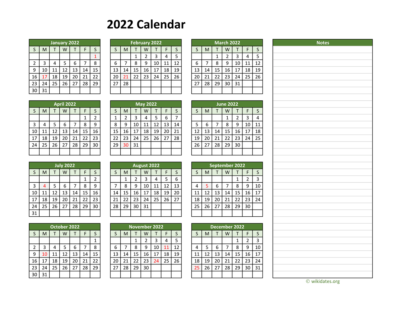 Yearly Printable 2022 Calendar With Notes | Wikidates