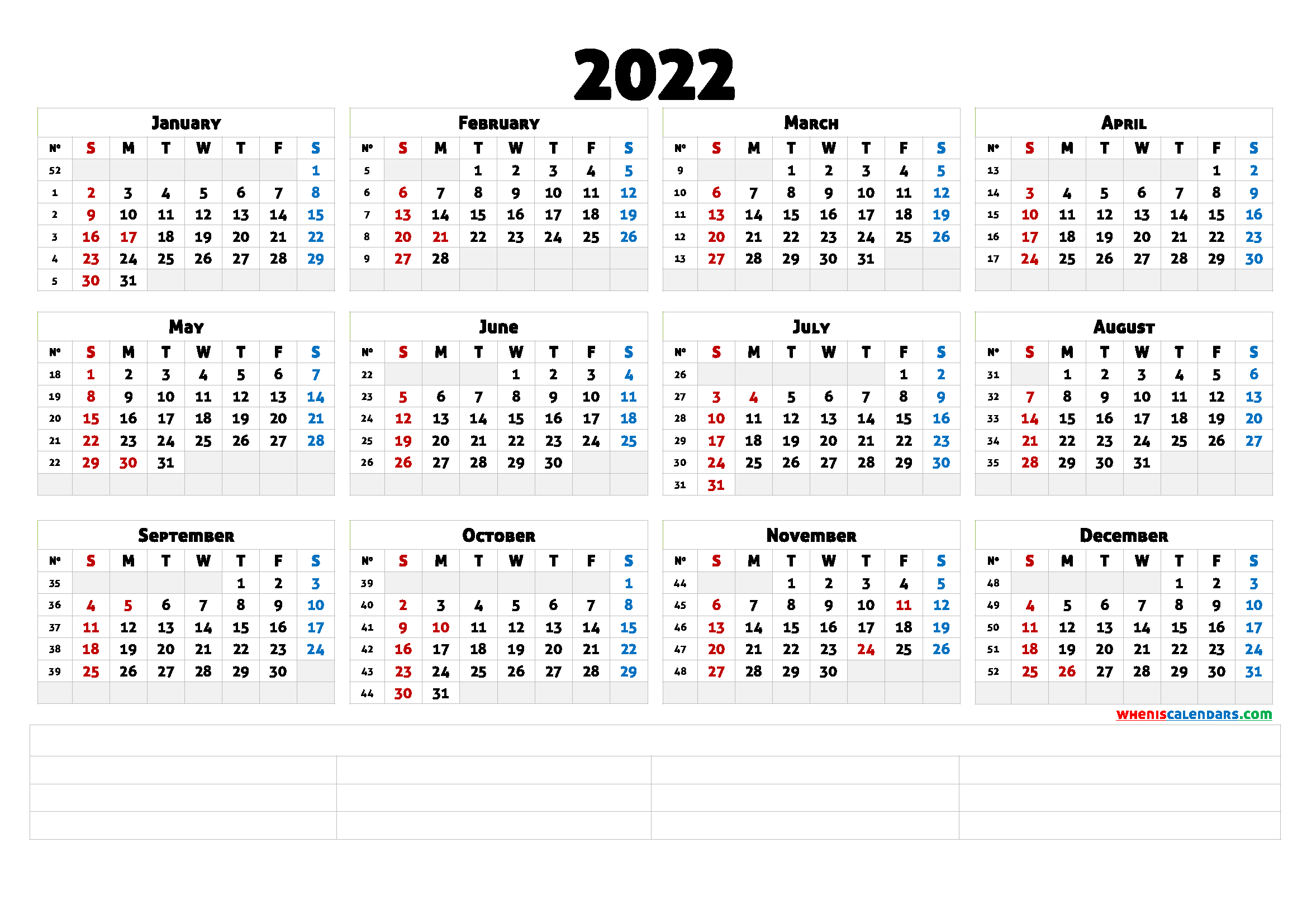 Yearly Printable Calendar 2022 | Free Letter Templates