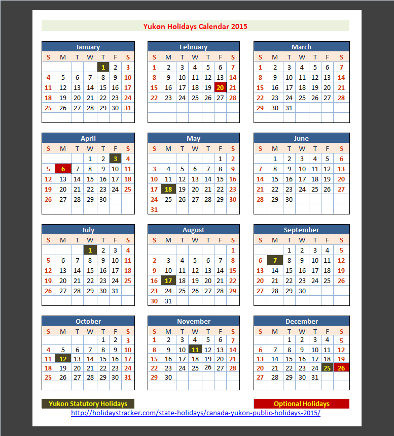 Yukon (Canada) Public Holidays 2015 - Holidays Tracker