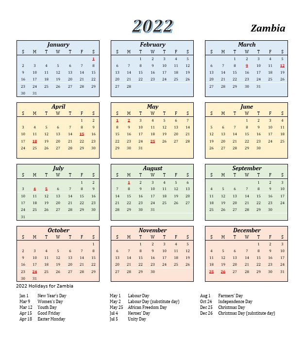 Zambia 2022 Calendar Template 3 - 2021Printablecalendar