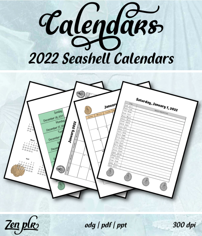 Zen Plr 2022 Seashell Calendars Front Cover - Zen Plr
