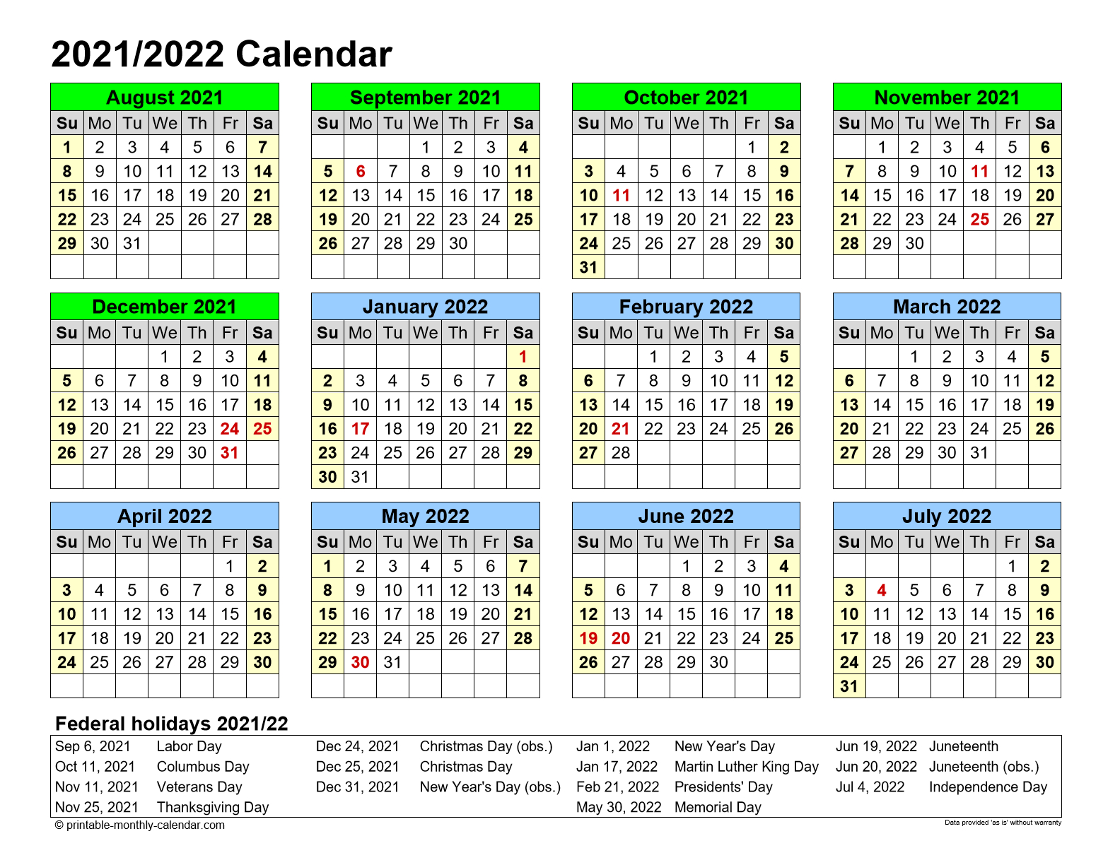 August 2021 July 2022 2 Page Monthly Calendar Printable | Monthly Calendar