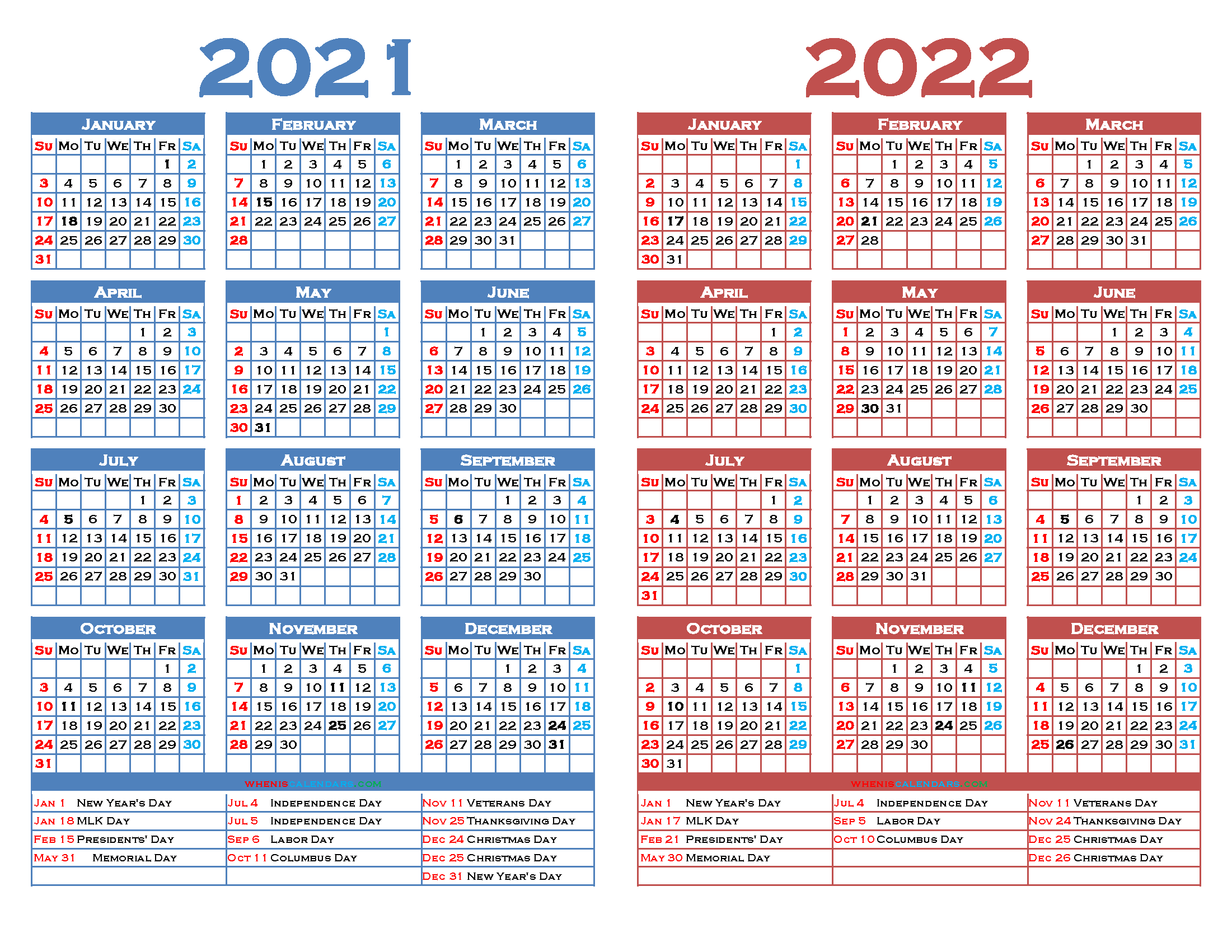 Printable 2021 And 2022 Calendar With Holidays (12 Templates)