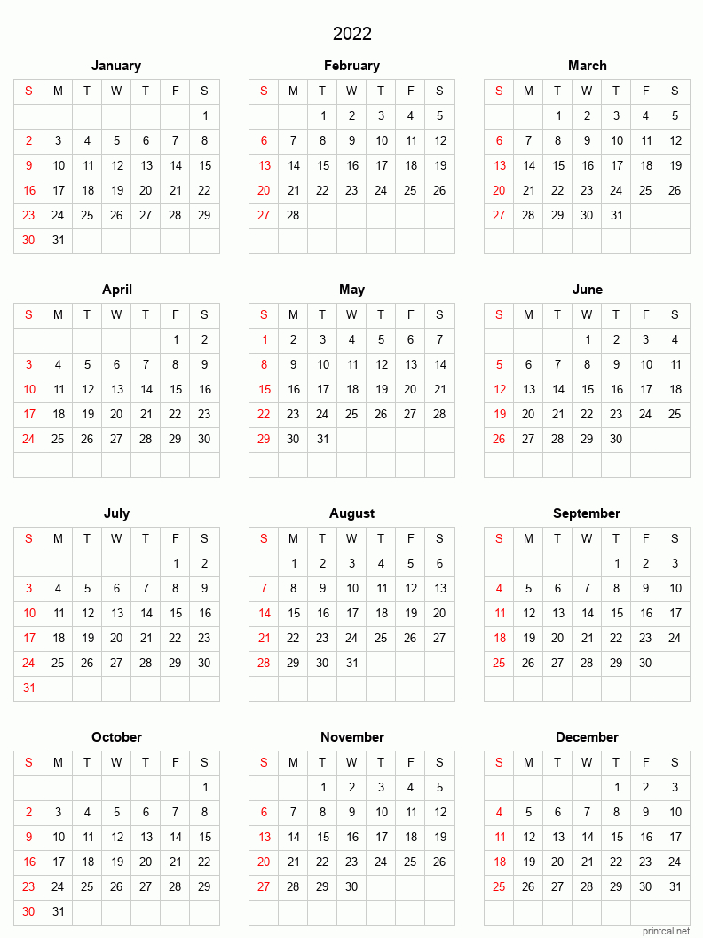Printable Yearly Calendar 2022, Full-Year | Free Printable Calendars