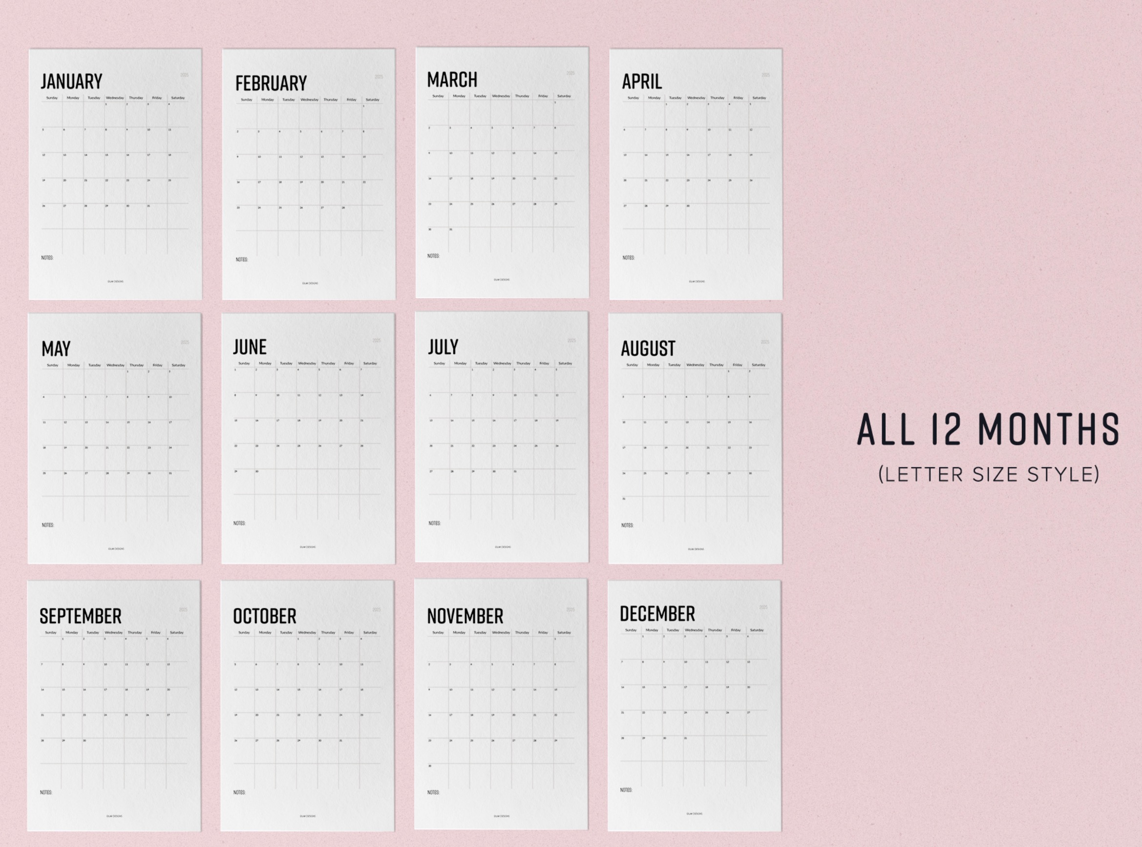 2025 12 Month calendar printable