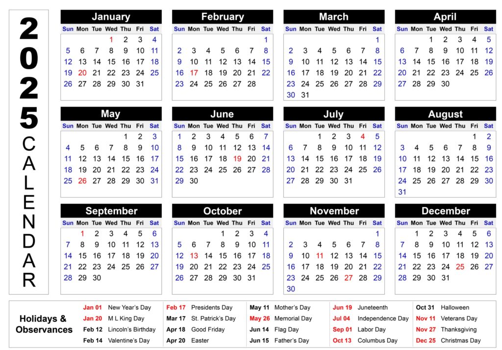 Download 2025 Printable Calendar with Holidays Download 2025 Printable Calendar with Holidays
