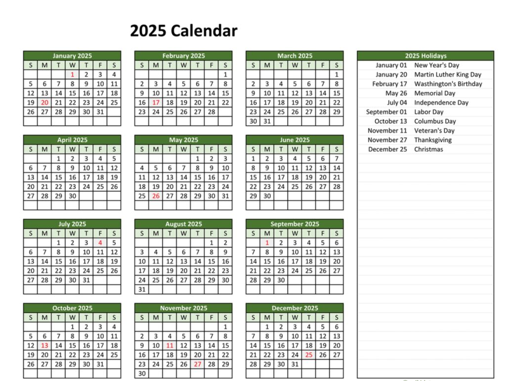 printable calendar 2025 with holidays printable calendar 2025 with holidays