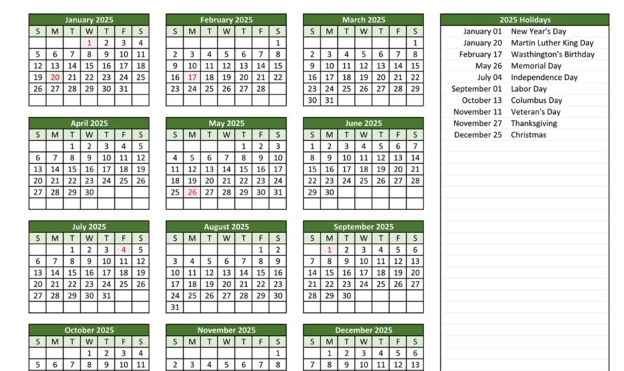 12 Month Calendar 2025 – Free Printable with U.S. Holidays