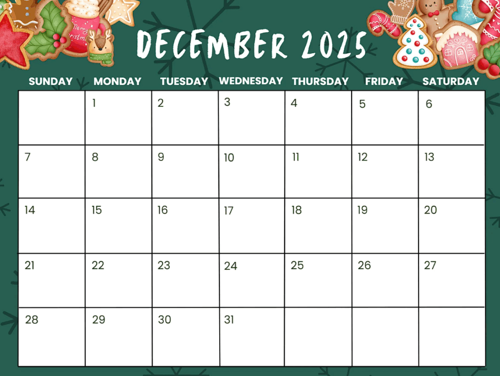December 2025 Calendar Template Free Printable JPG