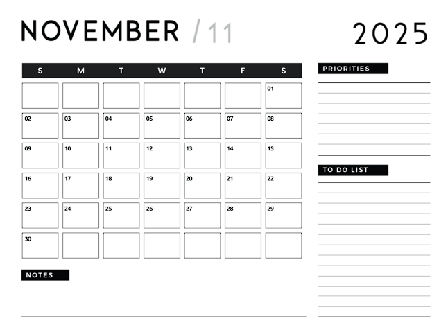 Editable November 2025 calendar with notes section