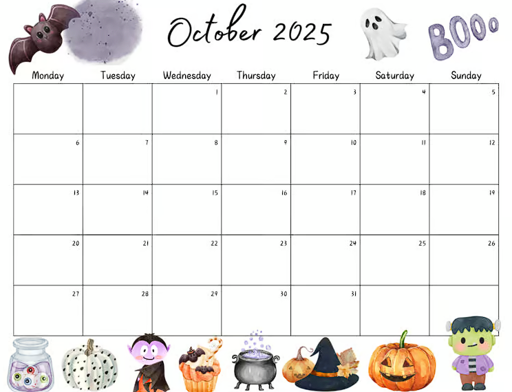 Free October 2025 Calendar Printable in JPG Format
