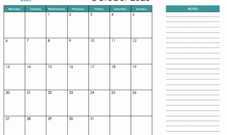 Free printable October 2025 calendar with notes section