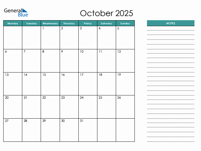 Free printable October 2025 calendar with notes section