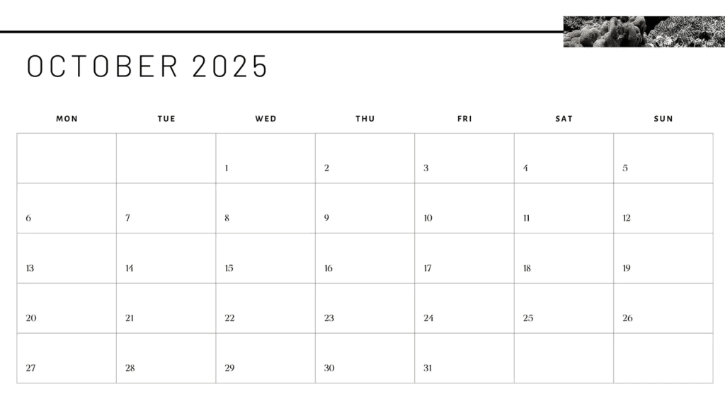 Minimalist October 2025 calendar template black and white