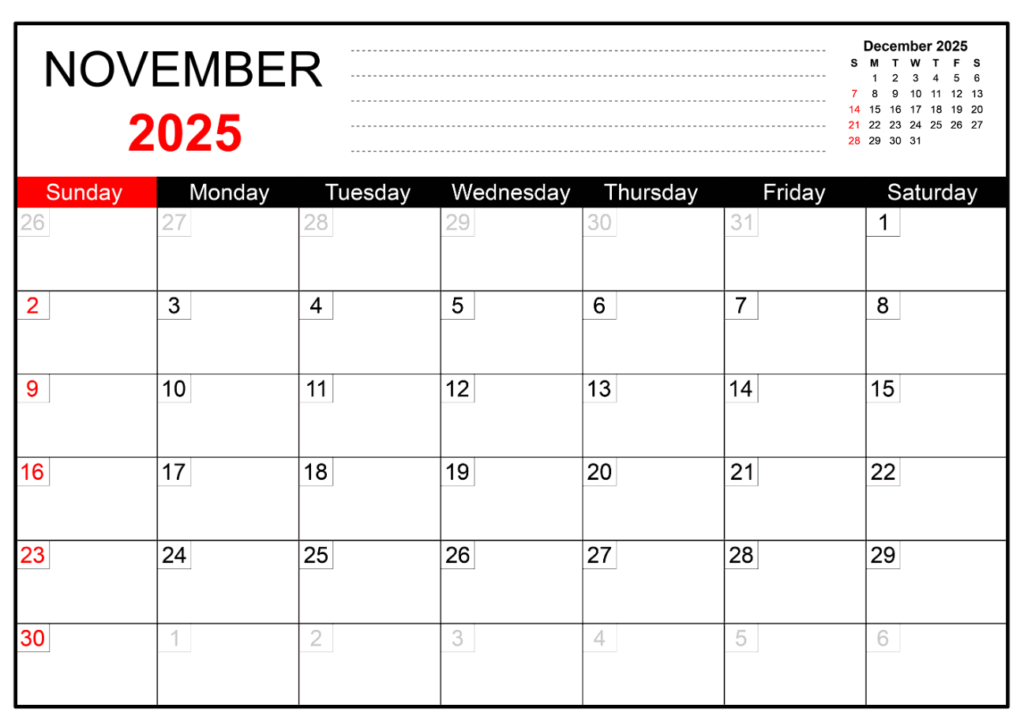 November Calendar 2025 free printable PDF template