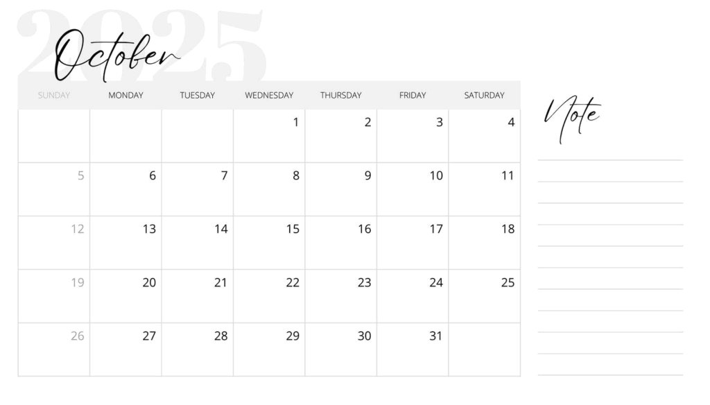 October 2025 Calendar Printable JPG for Home and Office Use
