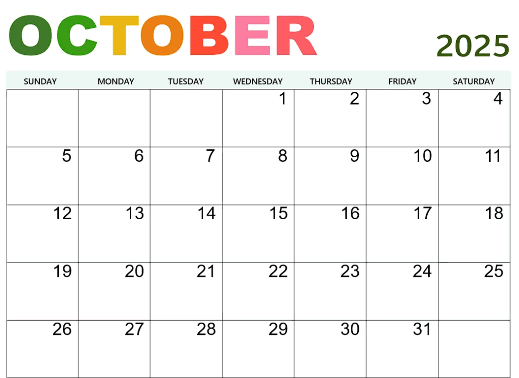 October 2025 Calendar Template Free Download Image