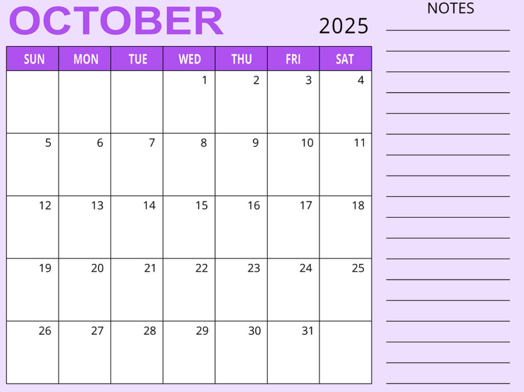 October 2025 calendar free printable PDF template