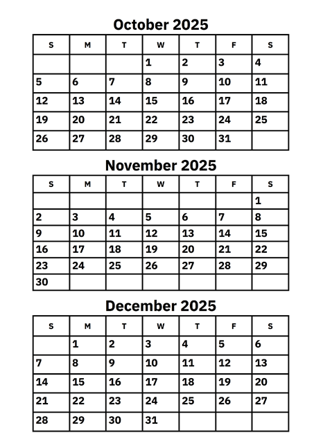 October and December 2025 Calendar Templates Image Download