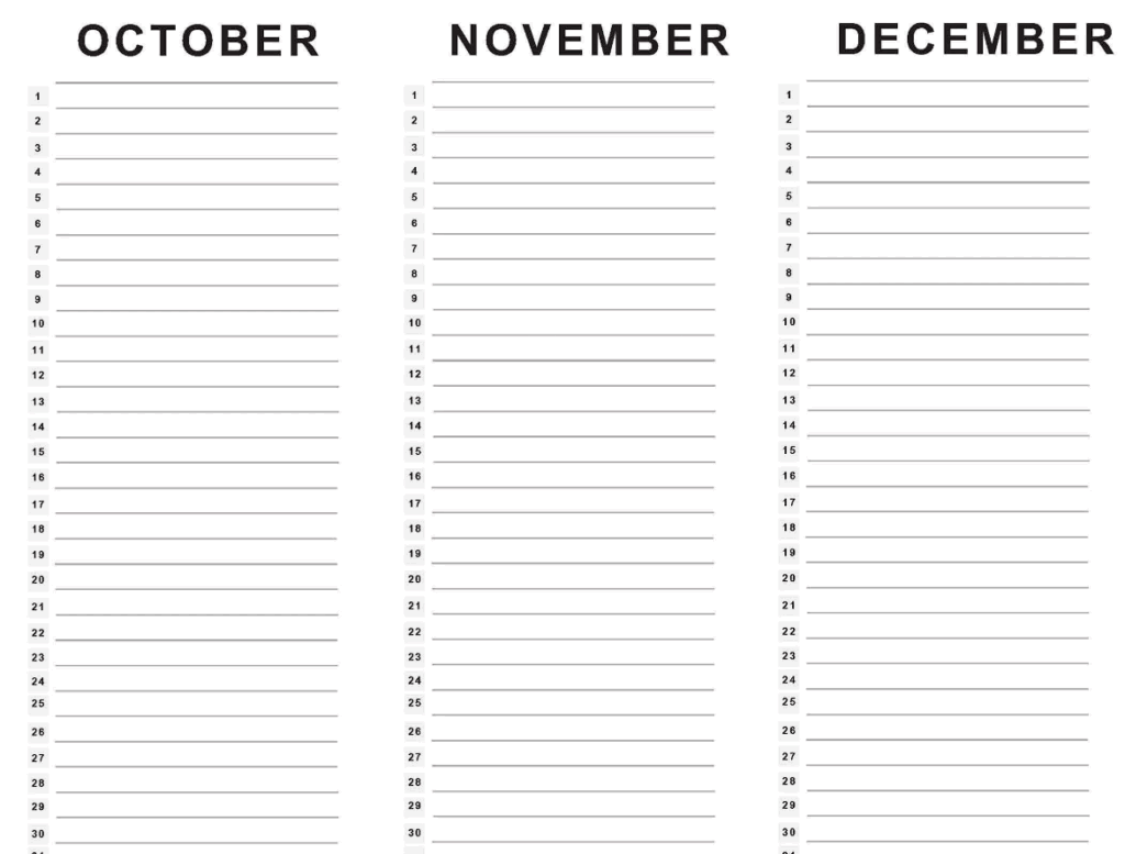 October and December 2025 Calendar Templates Side by Side
