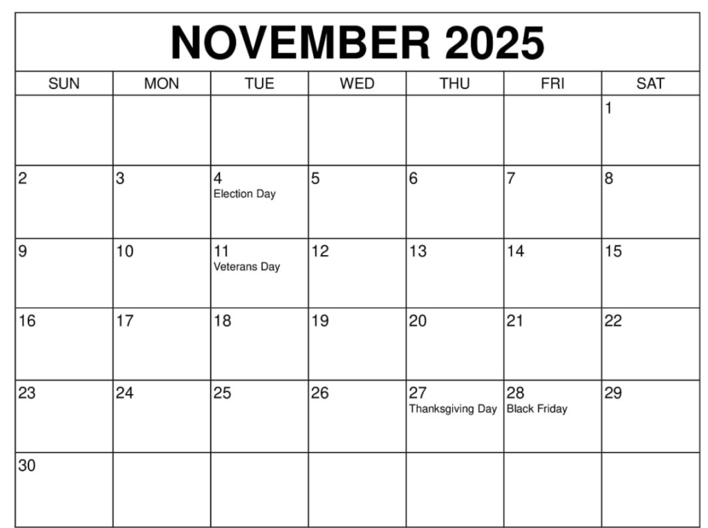 A clean, free November 2025 calendar template showing U.S. federal holidays, ready to be printed