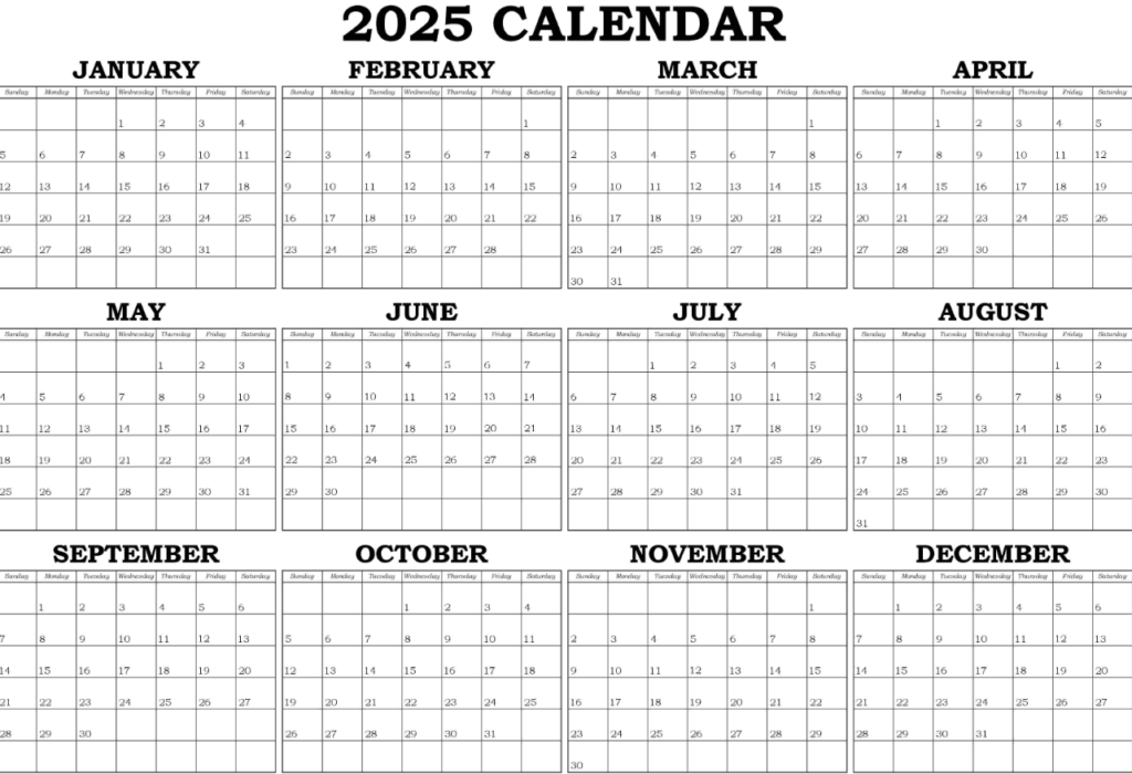 Editable 2025 yearly calendar with U.S. holidays and monthly planner layout