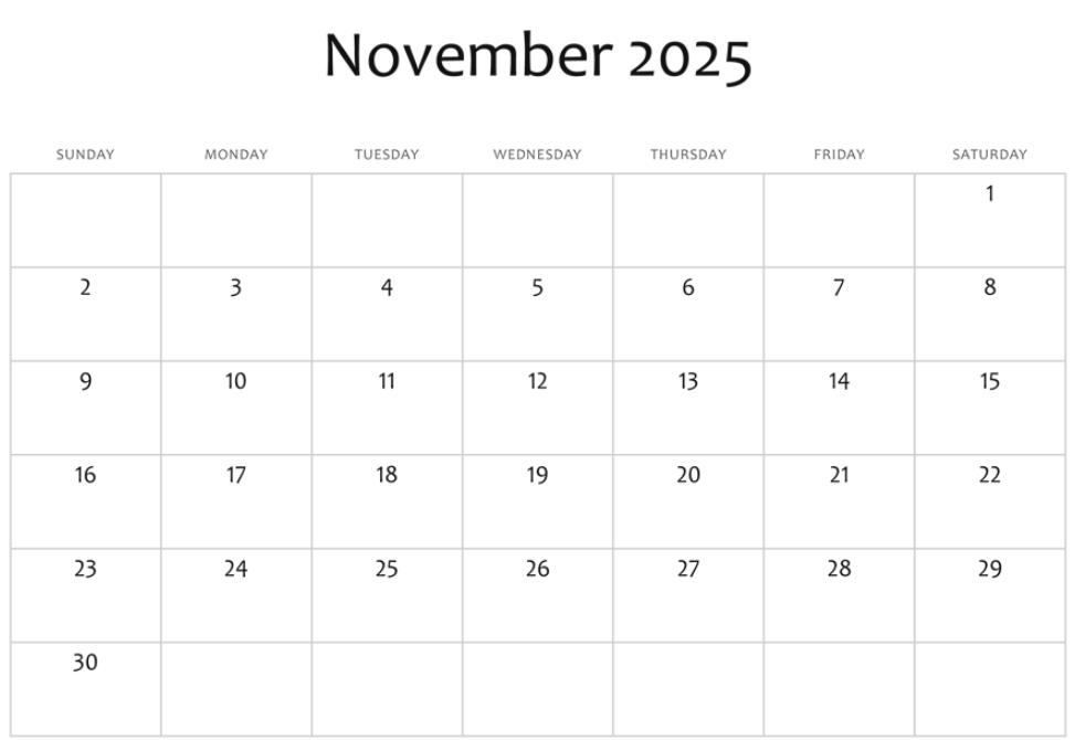 Editable November 2025 calendar PDF for work and home planning