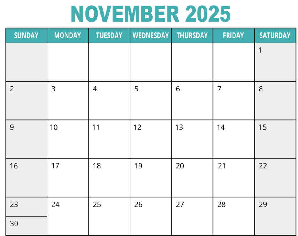 Editable November 2025 calendar template for work and home use