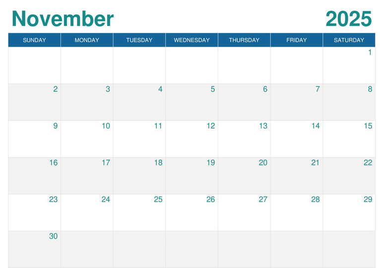 Editable November 2025 calendar template for work and school planning