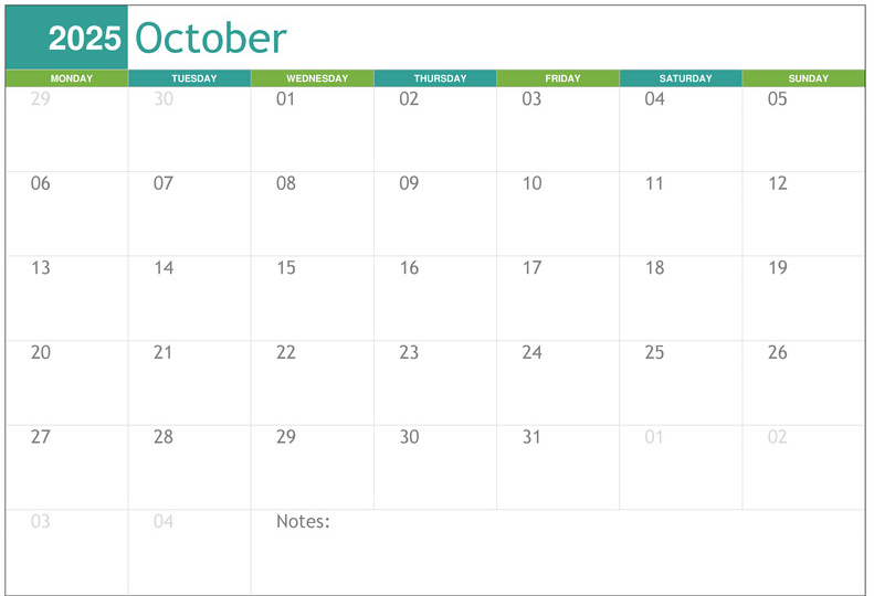 Editable October 2025 calendar template with simple layout
