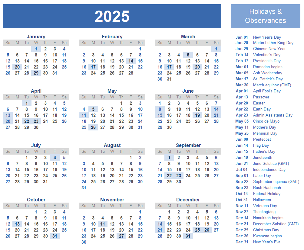 Free 2025 full calendar with holidays printable and editable templates