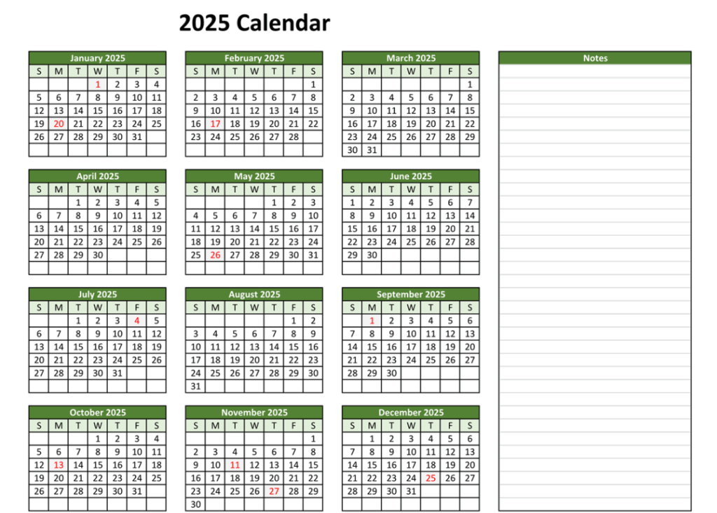 Free 2025 yearly calendar printable template with all months and holidays