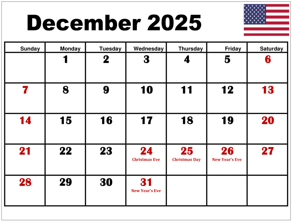 Free December 2025 calendar printable design with holidays