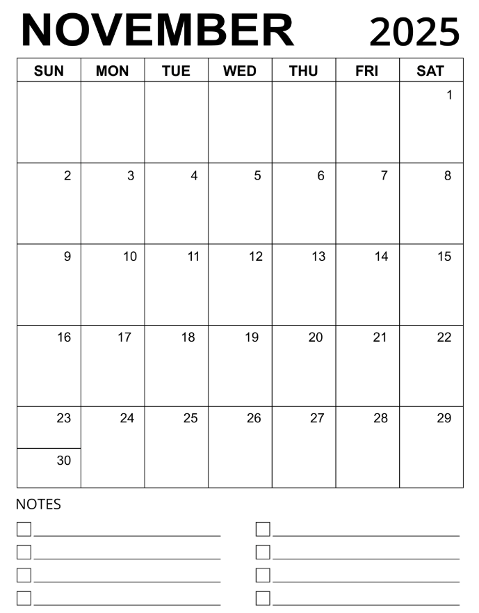 Free November 2025 calendar JPG with large day boxes and notes section