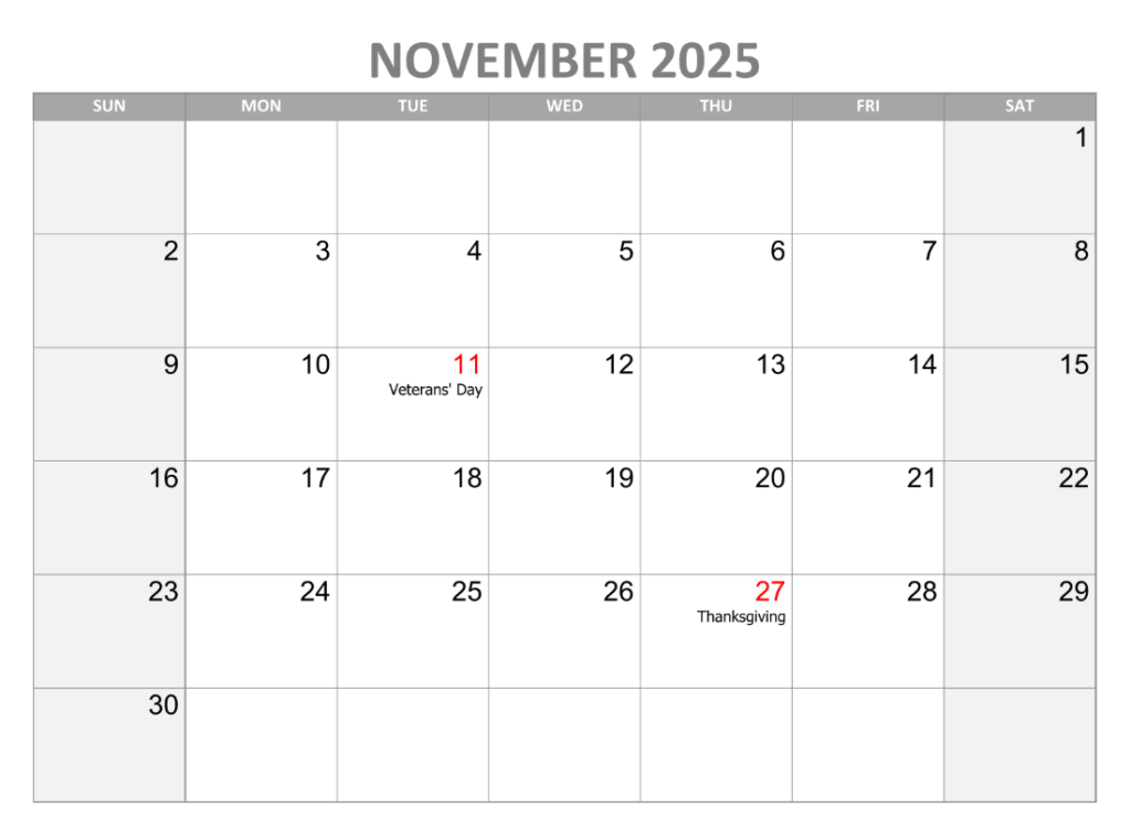 Free November 2025 calendar in JPG and PNG formats with notes section
