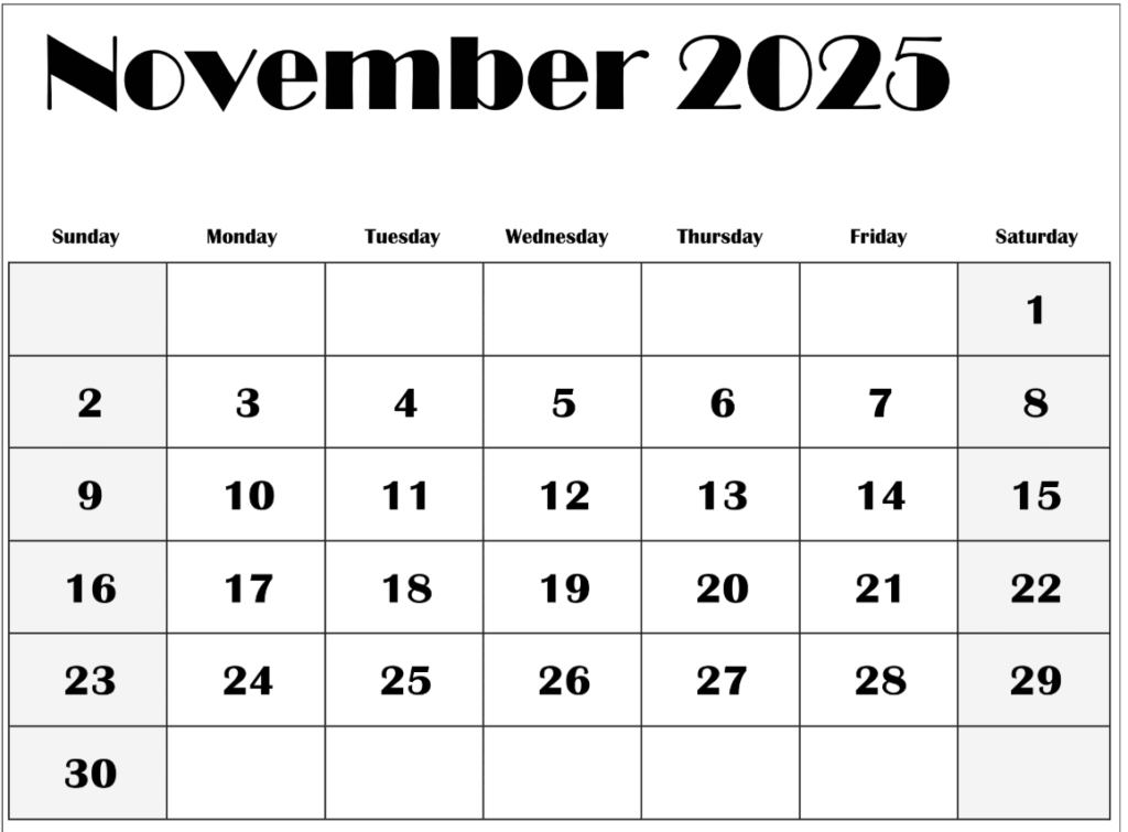 Free printable November 2025 calendar with U.S. holidays