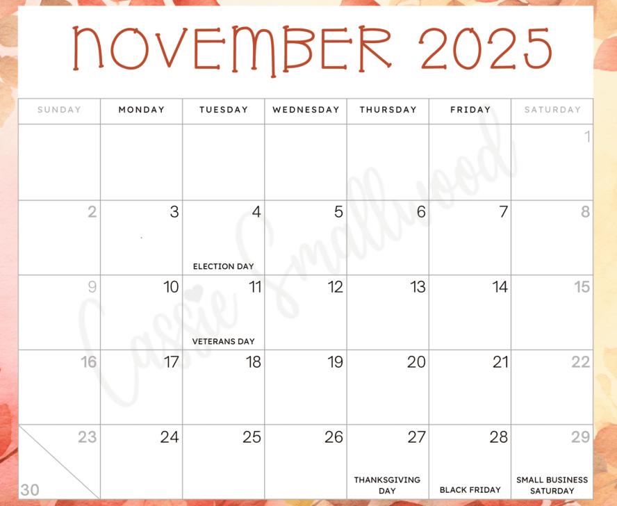 Free printable November 2025 calendar with U.S. holidays Free printable November 2025 calendar with U.S. holidays