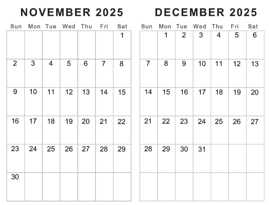 Free printable November and December 2025 calendar templates for year end planning