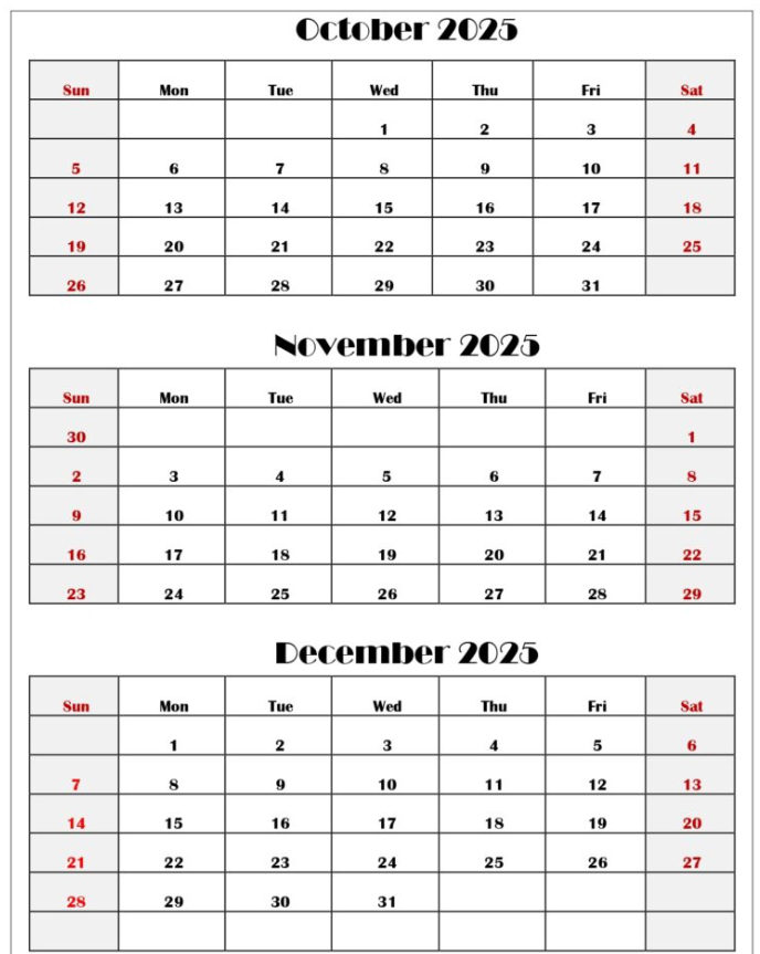 Free printable October and December 2025 calendar in minimal design Free printable October and December 2025 calendar in minimal design