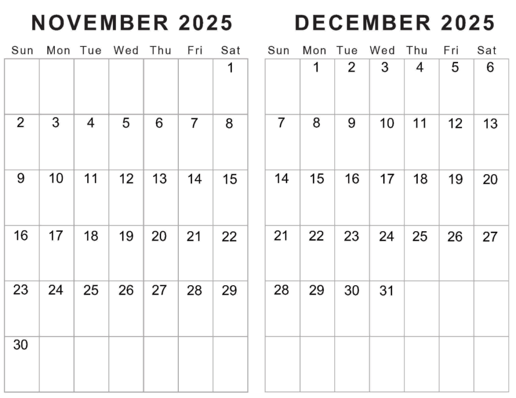 Free printable October and December 2025 calendar templates for work and personal planning