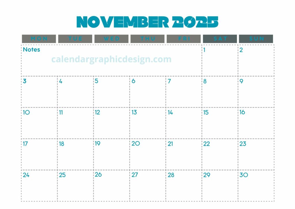Free printable calendar November 2025 image template with holidays and notes section