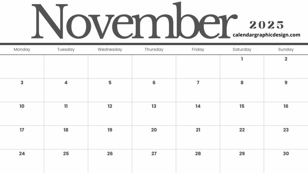 High quality calendar November 2025 printable image in JPG format with holidays