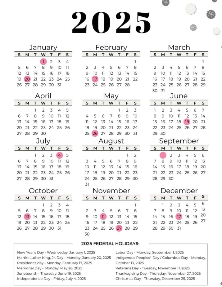Minimalist 2025 calendar design showing all months and federal holidays