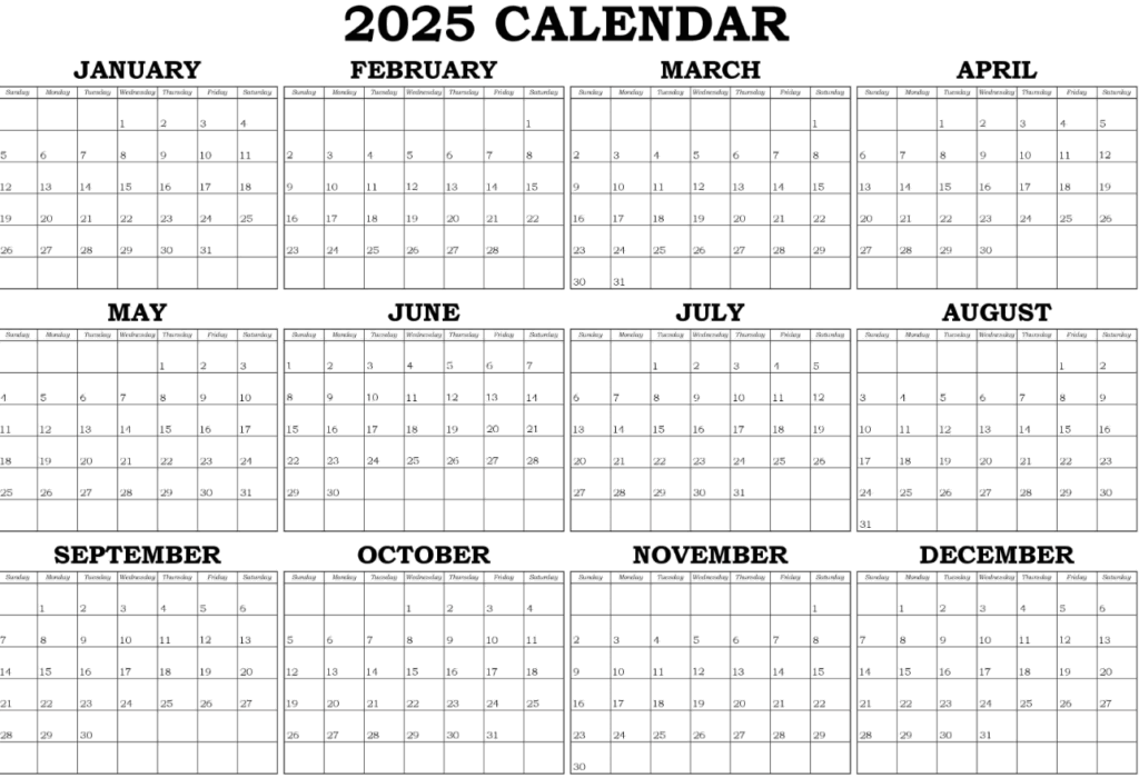 Minimalist 2025 calendar layout for yearly planning and goal tracking